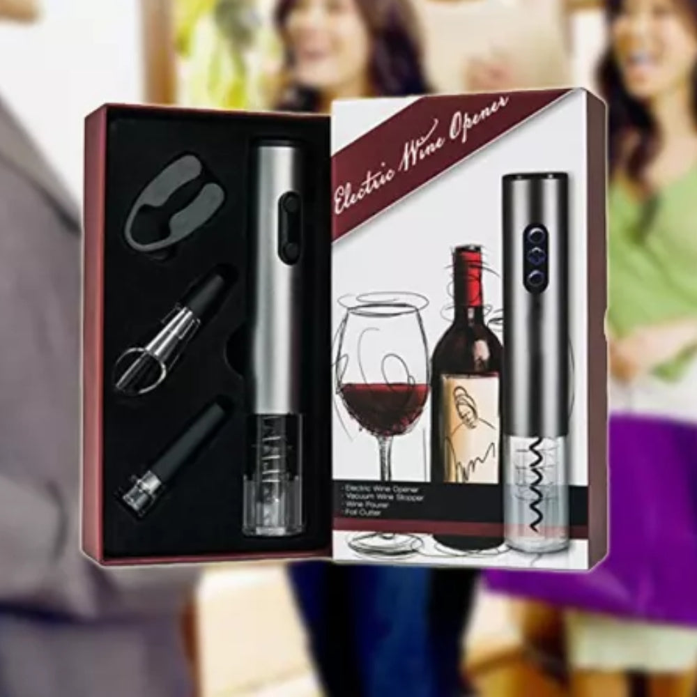 4-in-1 set voor wijn: elektrische opener, vacuümstop, beluchter en foliesnijder