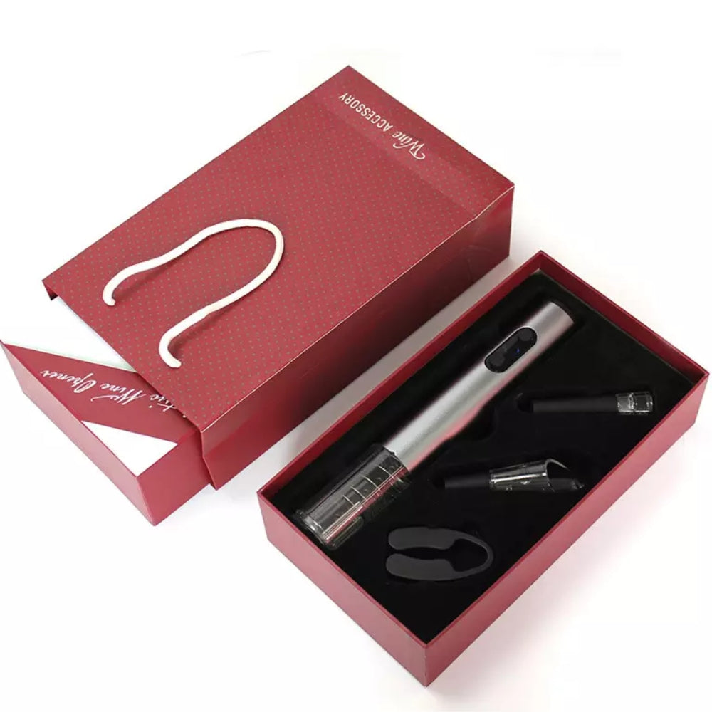 4-in-1 set voor wijn: elektrische opener, vacuümstop, beluchter en foliesnijder