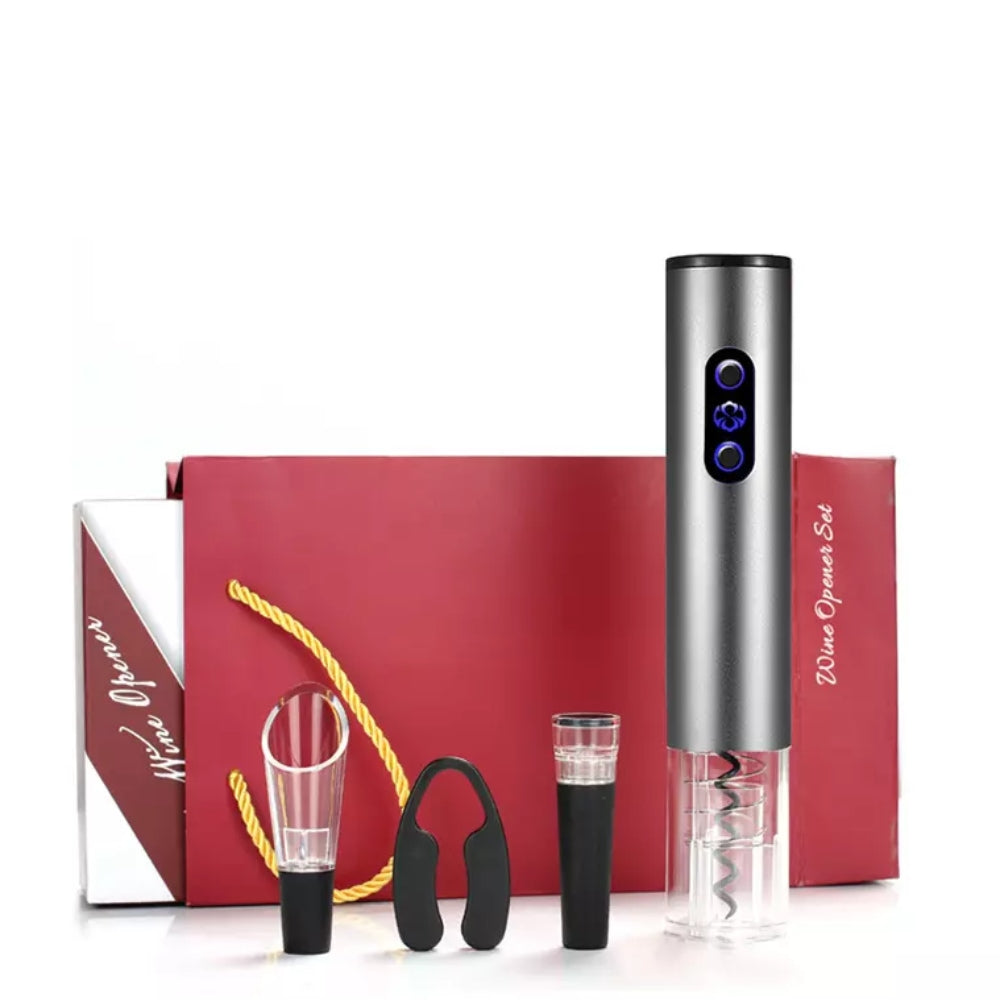 4-in-1 set voor wijn: elektrische opener, vacuümstop, beluchter en foliesnijder