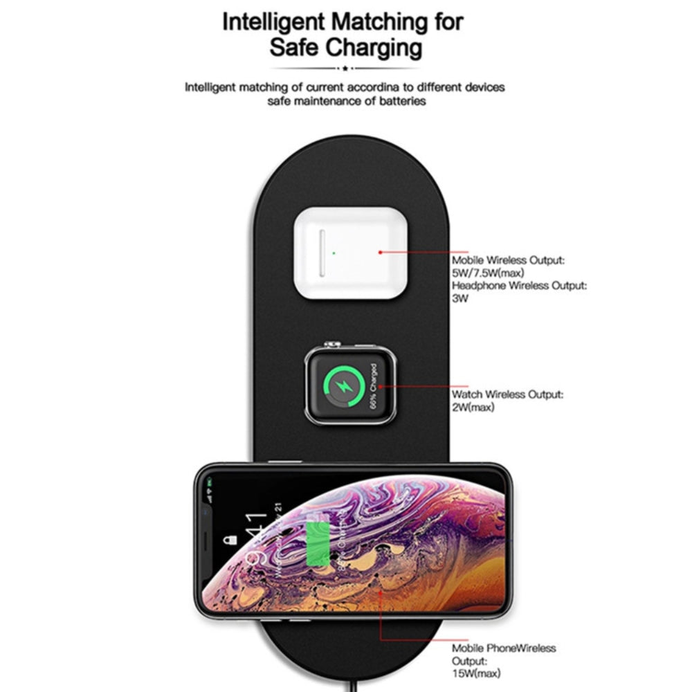 3-in-1 draadloze oplader voor de mobiele telefoon, koptelefoon en horloge