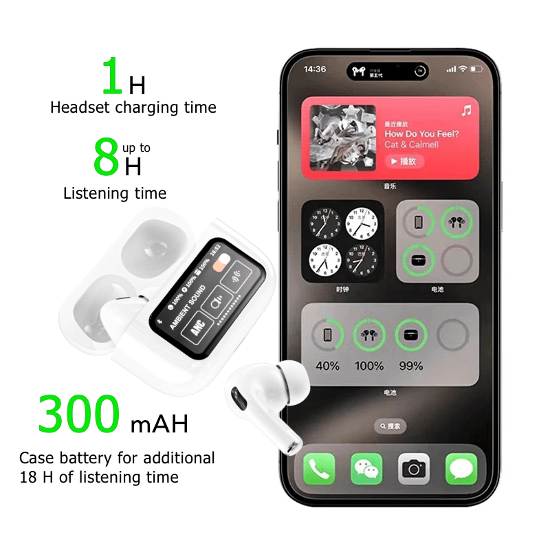 TouchPods S10 Pro ANC/ENC draadloze Bluetooth oordopjes, LCD-touchscreen, actieve ruisonderdrukking, slimme AI-vertaler