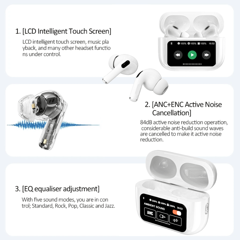 TouchPods S10 Pro ANC/ENC draadloze Bluetooth oordopjes, LCD-touchscreen, actieve ruisonderdrukking, slimme AI-vertaler
