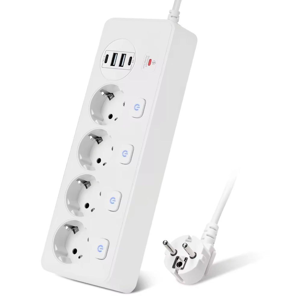 Stekkerdoos met overspanningsbeveiliging, schakelaar, 4 x Schuko, 2 x USB-A, 2 x USB-C