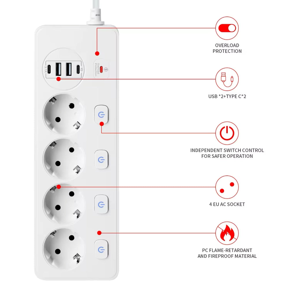 Stekkerdoos met overspanningsbeveiliging, schakelaar, 4 x Schuko, 2 x USB-A, 2 x USB-C